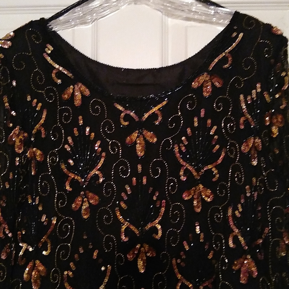 Black Gold bronze sequins silk fancy blouse Long Sleeve Party XL - Picture 3 of 6